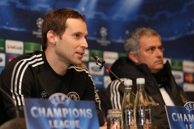 Chelsea s goalkeeper Petr Cech and head coach Jose Mourinho attends a press conference ahead of the UEFA Champions League round of 16 football match between Galatasaray and Chelsea on February 25, 2014, at the Kasimpasa training ground in Istanbul. 