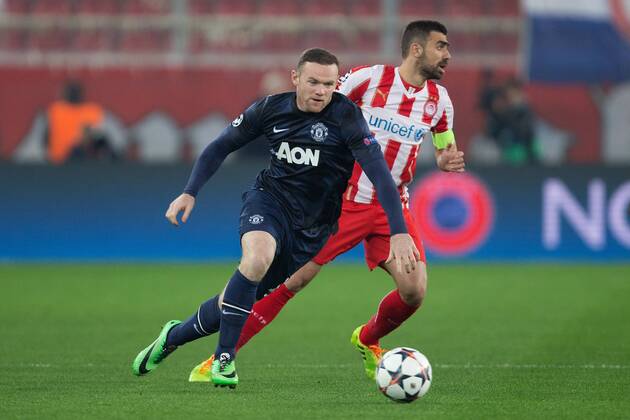 Wayne Rooney of Manchester United - UEFA Champions League First Knockout Round - Olympiacos vs. Manchester United - Karaiskakh Stadium - Athens - Greece - 25th February 2014 - EDITORIAL USE ONLY. No use with unauthorised audio, video, data, fixture lists, club league logos or live services. Online in-match use limited to 120 images, no video emulation. No use in betting, games or single club league player publications.