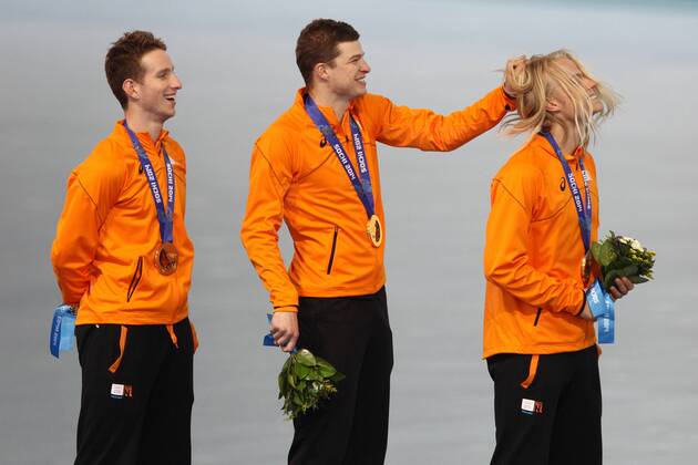Jan Blokhuijsen, Jorrit Bergsma, Sven Kramer NED-team after speed skating mens team pursuit at 2014 Olympic Winter Games in Sochi; 22 02 2014 -