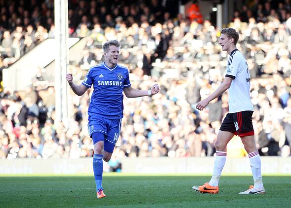 Chelsea s Andre Schurrle celebrates scoring his sides opening goal Fulham FC vs Chelsea FC London - Premier League - Craven Cottage - London - England - 01 03 2014 - EDITORIAL USE ONLY. No use with unauthorised audio, video, data, fixture lists, club league logos or live services. Online in-match use limited to 120 images, no video emulation. No use in betting, games or single club league player publications.