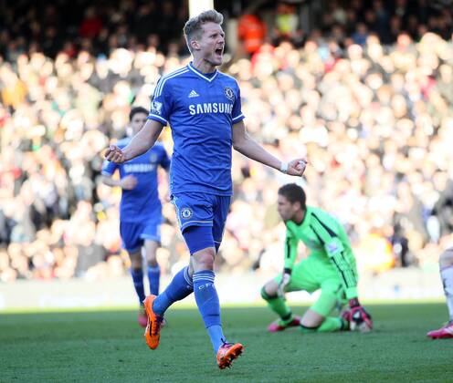 Chelsea s Andre Schurrle celebrates scoring his sides opening goal FC Fulham vs Chelsea FC London - Premier League - Craven Cottage - London - England - 01 03 2014 - EDITORIAL USE ONLY. No use with unauthorised audio, video, data, fixture lists, club league logos or live services. Online in-match use limited to 120 images, no video emulation. No use in betting, games or single club league player publications.