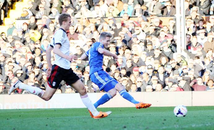Chelsea s Andre Schurrle scoring his sides second goal FC Fulham vs Chelsea FC London - Premier League - Craven Cottage - London - England - 01 03 2014 - EDITORIAL USE ONLY. No use with unauthorised audio, video, data, fixture lists, club league logos or live services. Online in-match use limited to 120 images, no video emulation. No use in betting, games or single club league player publications.