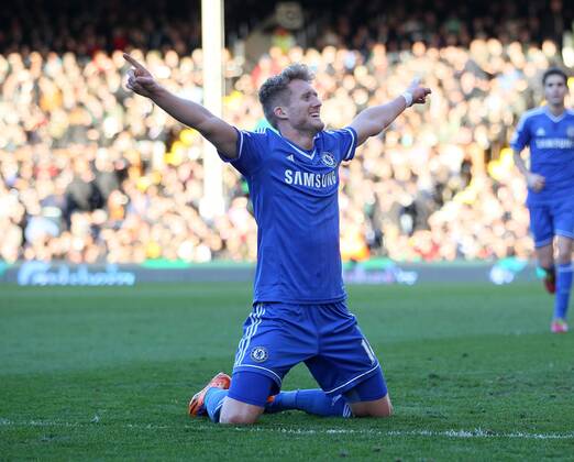 Chelsea s Andre Schurrle celebrates scoring his sides third goal FC Fulham vs Chelsea FC London - Premier League - Craven Cottage - London - England - 01 03 2014 - EDITORIAL USE ONLY. No use with unauthorised audio, video, data, fixture lists, club league logos or live services. Online in-match use limited to 120 images, no video emulation. No use in betting, games or single club league player publications.
