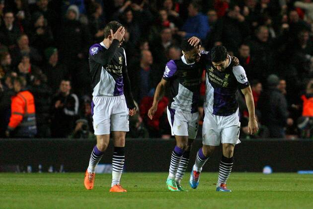 Football - 2013 2014 Premier League - FC Southampton vs. FC Liverpool Raheem Sterling of Liverpool celebrates scoring Liverpools second goal with Luis Suarez at St Mary s Stadium Southampton 