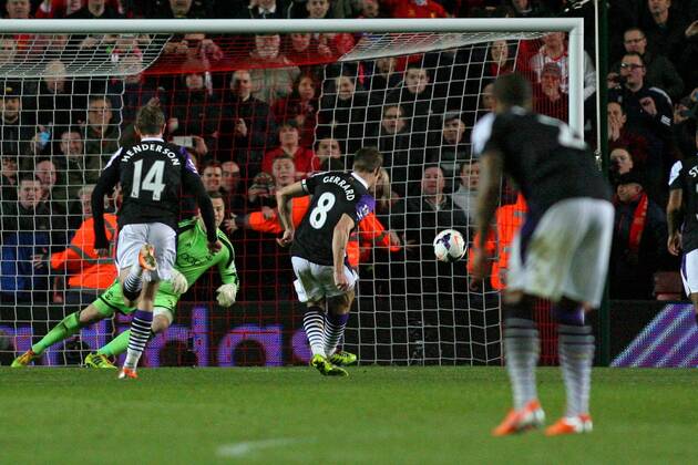 Football - 2013 2014 Premier League - FC Southampton vs. FC Liverpool Steven Gerrard of Liverpool slots home from the penalty spot to score Liverpools third goal at St Mary s Stadium Southampton 