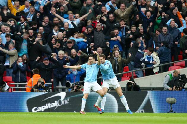 Manchester City s Samir Nasri celebrates scoring goal no.2 - Manchester City vs Sunderland - League Cup Final - Wembley Stadium - London - 2nd March 2014 - Pic Charlie Forgham-Bailey Sportimage EDITORIAL USE ONLY. No use with unauthorised audio, video, data, fixture lists, club league logos or live services. Online in-match use limited to 120 images, no video emulation. No use in betting, games or single club league player publications.