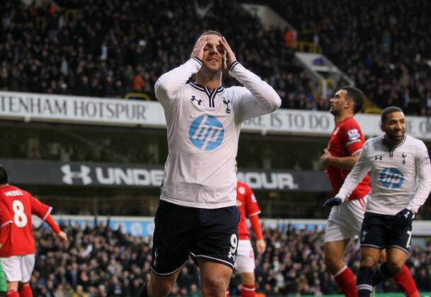 Tottenham s Roberto Soldado celebrates scoring his sides opening goal Tottenham vs Cardiff City - Premier League - White Hart Lane - London - England - 02 03 2014 - Pic David Klein Sportimage EDITORIAL USE ONLY. No use with unauthorised audio, video, data, fixture lists, club league logos or live services. Online in-match use limited to 120 images, no video emulation. No use in betting, games or single club league player publications.