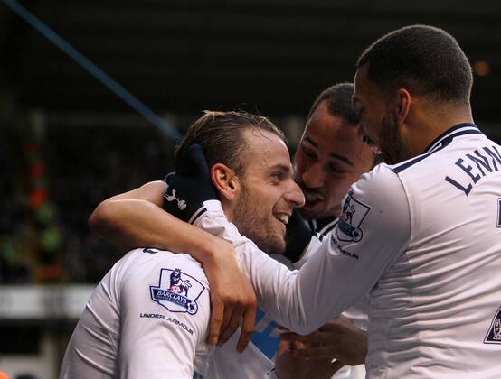 Tottenham s Roberto Soldado celebrates scoring his sides opening goal Tottenham vs Cardiff City - Premier League - White Hart Lane - London - England - 02 03 2014 - Pic David Klein Sportimage EDITORIAL USE ONLY. No use with unauthorised audio, video, data, fixture lists, club league logos or live services. Online in-match use limited to 120 images, no video emulation. No use in betting, games or single club league player publications.