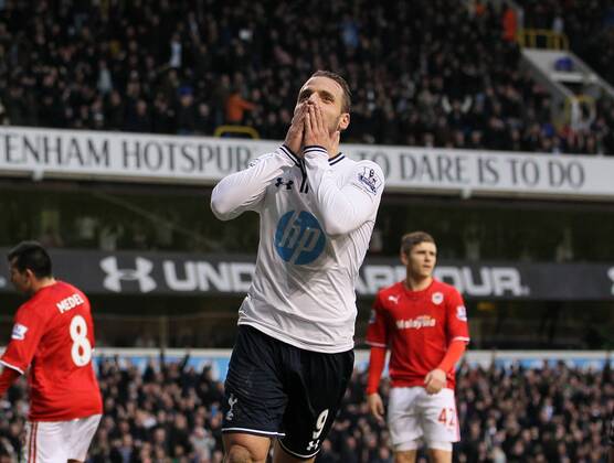 Tottenham s Roberto Soldado celebrates scoring his sides opening goal Tottenham vs Cardiff City - Premier League - White Hart Lane - London - England - 02 03 2014 - Pic David Klein Sportimage EDITORIAL USE ONLY. No use with unauthorised audio, video, data, fixture lists, club league logos or live services. Online in-match use limited to 120 images, no video emulation. No use in betting, games or single club league player publications.