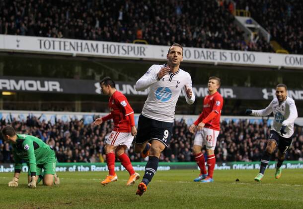 Tottenham s Roberto Soldado celebrates scoring his sides opening goal Tottenham vs Cardiff City - Premier League - White Hart Lane - London - England - 02 03 2014 - Pic David Klein Sportimage EDITORIAL USE ONLY. No use with unauthorised audio, video, data, fixture lists, club league logos or live services. Online in-match use limited to 120 images, no video emulation. No use in betting, games or single club league player publications.