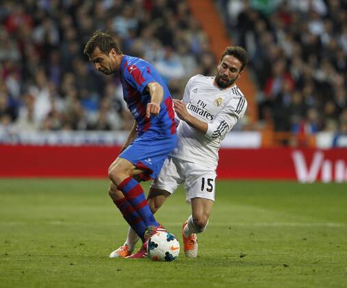 League BBVA match played between Real Madrid and UD Levante. In this picture, Loukas Vyntra and Dani Carvajal.