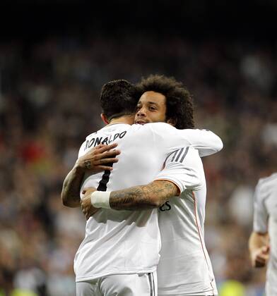 League BBVA match played between Real Madrid and UD Levante. In this picture, Cristiano Ronaldo celebrates second goal with Marcelo.