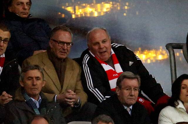 V.li. Vorstand Karlheinz Rummenigge (Bayern), Präsident Uli Hoeneß (Bayern) . FC Bayern München - FC Arsenal London . München, GER, 11.03.2014 , Achtelfinale Fussball-Champions League 2013-2014 .