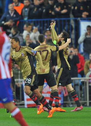 11.03.2014, xcox, Fussball Champions League, Atletico Madrid - AC Mailand, v.l. Kaka (AC Milan) - Celebration