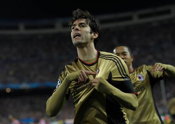 AC Milan Forward, number 22 KAKA - Kaka (30), celebrates after scoring a goal (1-1) during round Round of 16 of the UEFA Champions league, soccer match between Atletico de Madrid - AC Milan at the VicentexCalderon estadium, Madrid - Spain by March 11, 2014. 