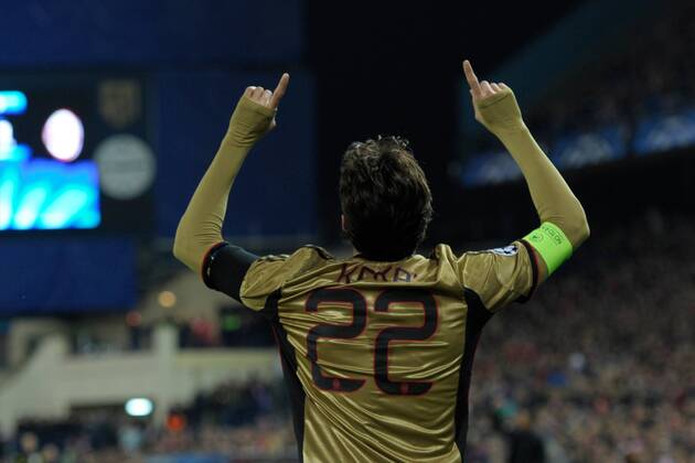 AC Milan Forward, number 22 KAKA - Kaka (30), celebrates after scoring a goal (1-1) during round Round of 16 of the UEFA Champions league, soccer match between Atletico de Madrid - AC Milan at the VicentexCalderon estadium, Madrid - Spain by March 11, 2014. 