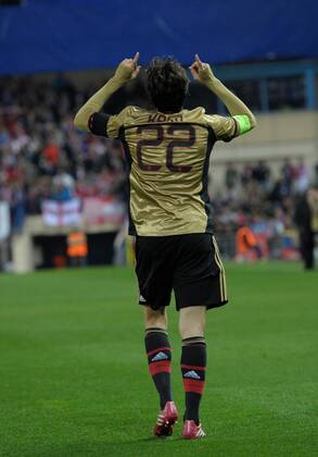 AC Milan Forward, number 22 KAKA - Kaka (30), celebrates after scoring a goal (1-1) during round Round of 16 of the UEFA Champions league, soccer match between Atletico de Madrid - AC Milan at the VicentexCalderon estadium, Madrid - Spain by March 11, 2014. 