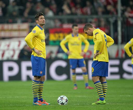 Arsenal s Olivier Giroud looks on dejected after Bayern Munich s opening goal Bayern Munich v Arsenal - Champions League last 16 - Allianz Arena - Munich - Germany - 11 03 2014 - Pic DavidKlein Sportimage EDITORIAL USE ONLY. No use with unauthorised audio, video, data, fixture lists, club league logos or live services. Online in-match use limited to 120 images, no video emulation. No use in betting, games or single club league player publications.