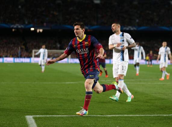 Barcelona s Lionel Messi celebrates scoring his sides opening goal Barcelona v Manchester City - Champions League last 16, second leg - Nou Camp - Barcelona - Spain - 12 03 2014 - Pic David Klein Sportimage EDITORIAL USE ONLY. No use with unauthorised audio, video, data, fixture lists, club league logos or live services. Online in-match use limited to 120 images, no video emulation. No use in betting, games or single club league player publications.