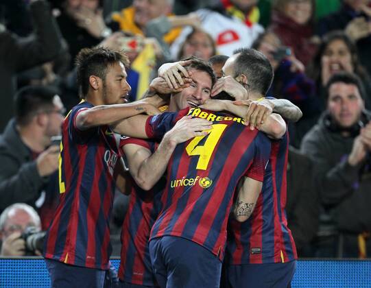 Barcelona s Lionel Messi celebrates scoring his sides opening goal Barcelona v Manchester City - Champions League last 16, second leg - Nou Camp - Barcelona - Spain - 12 03 2014 - Pic David Klein Sportimage EDITORIAL USE ONLY. No use with unauthorised audio, video, data, fixture lists, club league logos or live services. Online in-match use limited to 120 images, no video emulation. No use in betting, games or single club league player publications.