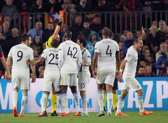Manchester City s Pablo Zabaleta gets sent off Barcelona v Manchester City - Champions League last 16, second leg - Nou Camp - Barcelona - Spain - 12 03 2014 - Pic David Klein Sportimage EDITORIAL USE ONLY. No use with unauthorised audio, video, data, fixture lists, club league logos or live services. Online in-match use limited to 120 images, no video emulation. No use in betting, games or single club league player publications.