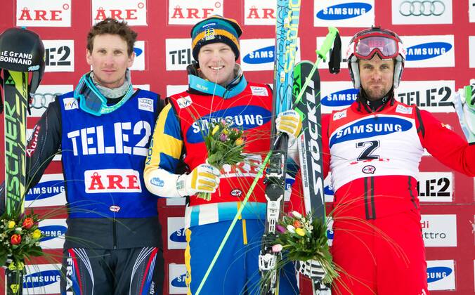 FREE STYLE - FIS WC Aare, Ski Cross AARE,SCHWEDEN,15.MAR.14 - FREE SKI, FREESTYLE SKIING - FIS Weltcup, Skicross, Herren, Siegerehrung. Bild zeigt Jonathan Midol (FRA), Victor Oehling Norberg (SWE) und Armin Niederer (SUI). 