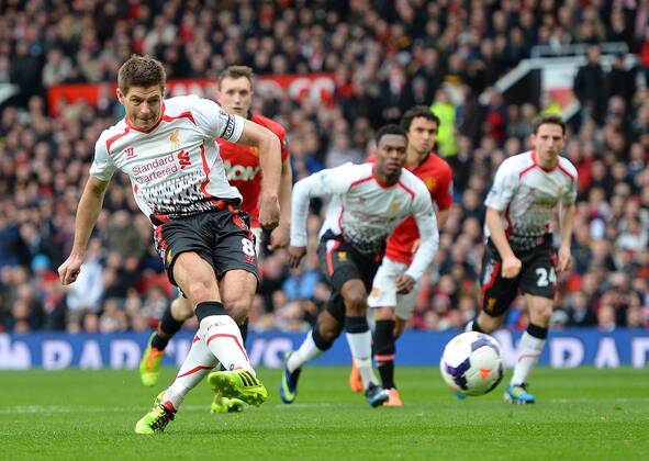Steven Gerrard of Liverpool scores the second goal from another penalty - Barclays Premier League - Manchester Utd vs Liverpool - Old Trafford Stadium - Manchester - England - 16th March 2014 - Pic Simon Bellis Sportimage EDITORIAL USE ONLY. No use with unauthorised audio, video, data, fixture lists, club league logos or live services. Online in-match use limited to 120 images, no video emulation. No use in betting, games or single club league player publications.