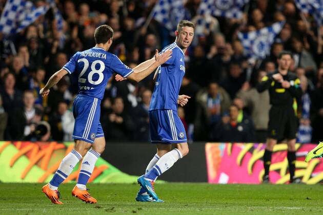 Gary Cahill of Chelsea celebrates his goal with Cesar Azpilicueta of Chelsea - Chelsea vs Galatasaray - Champions League Round of 16 Second Leg - Stamford Bridge Stadium - London - 18th March 2014 - Pic Charlie Forgham-Bailey Sportimage EDITORIAL USE ONLY. No use with unauthorised audio, video, data, fixture lists, club league logos or live services. Online in-match use limited to 120 images, no video emulation. No use in betting, games or single club league player publications.