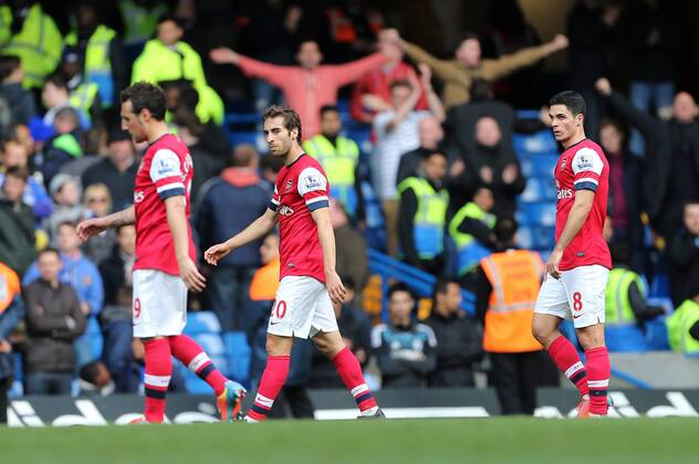 Arsenal s Mikel Arteta and Mathieu Flamini look on dejected at the final whistle Chelsea vs Arsenal - Premier League - Stamford Bridge - London - England - 22 03 2014 - Pic David Klein Sportimage EDITORIAL USE ONLY. No use with unauthorised audio, video, data, fixture lists, club league logos or live services. Online in-match use limited to 120 images, no video emulation. No use in betting, games or single club league player publications.
