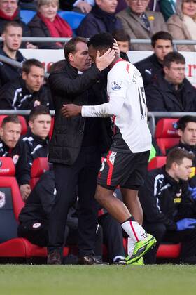 Manager of Liverpool, Brendan Rodgers congratulates Daniel Sturridge - Barclays Premier League - Cardiff City vs. FC Liverpool - Cardiff City Stadium - Cardiff - Wales - 22nd March 2014 - EDITORIAL USE ONLY. No use with unauthorised audio, video, data, fixture lists, club league logos or live services. Online in-match use limited to 120 images, no video emulation. No use in betting, games or single club league player publications.
