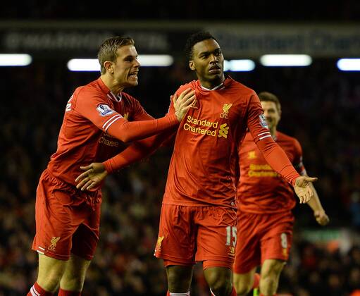 Daniel Sturridge of Liverpool celebrates scoring the second goal with Jordan Henderson of Liverpool - Barclays Premier League - Liverpool vs Sunderland - Anfield Stadium - Liverpool - England - 26th March 2014 - Pic Simon Bellis Sportimage EDITORIAL USE ONLY. No use with unauthorised audio, video, data, fixture lists, club league logos or live services. Online in-match use limited to 120 images, no video emulation. No use in betting, games or single club league player publications.