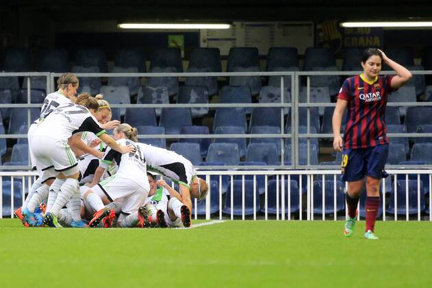 BARCELONA - 30 - Wolfsburger Spielerinnen jubeln -- FC Barcelona - VFL Wolfsburg, Women Champions League,, Miniestadi, 30 03 2014, Urbanandsport,CordonPress 