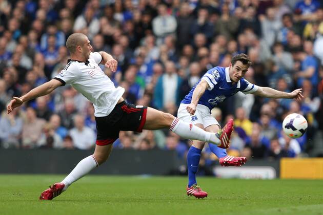 Everton s Leighton Baines and Pajtim Kasami of Fulham - Fulham v Everton - Barclays Premier League - Craven Cottage Stadium - London - 29th March 2014 - Pic Charlie Forgham-Bailey Sportimage EDITORIAL USE ONLY. No use with unauthorised audio, video, data, fixture lists, club league logos or live services. Online in-match use limited to 120 images, no video emulation. No use in betting, games or single club league player publications.