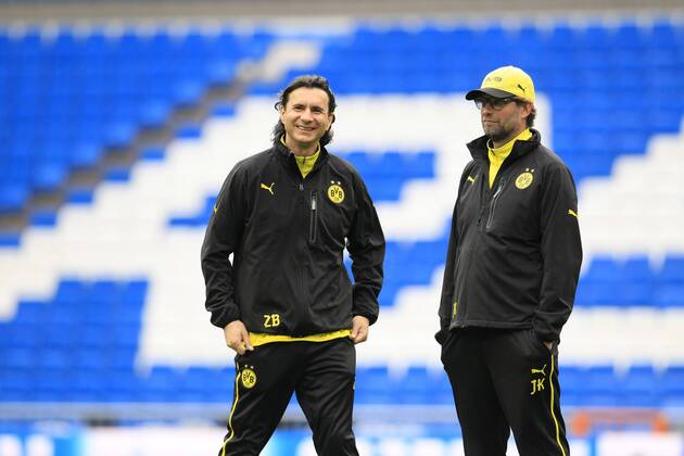 Trainer Jürgen Klopp (Borussia Dortmund) mit Co-Trainer Zeljko Buvac (Borussia Dortmund) Abschluss - Training Borussia Dortmund --- Fussball --- Champions League --- Viertelfinale --- 01.04.2014 Foto: Schueler Eibner EP_JSE
