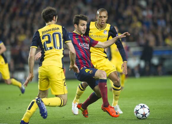 Barcelona, ESPANA - April 01 - UEFA Champions League 2013 2014 - - FC Barcelona (Barca) vs Atletico Madrid - (Photo: VictorxSalgado Cordon Press) Juanfran - Joao Miranda - Cesc Fabregas 