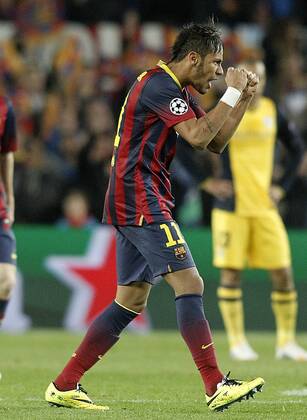 FC Barcelona s Neymar Santos Jr celebrates goal during Champions League 2013 2014 match.April 1,2014.  (20184219)