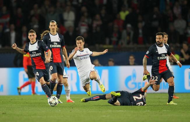 Chelsea s Eden Hazard in action Paris Saint Germain PSG vs Chelsea FC London London - Champions League - EDITORIAL USE ONLY. No use with unauthorised audio, video, data, fixture lists, club league logos or live services. Online in-match use limited to 120 images, no video emulation. No use in betting, games or single club league player publications.