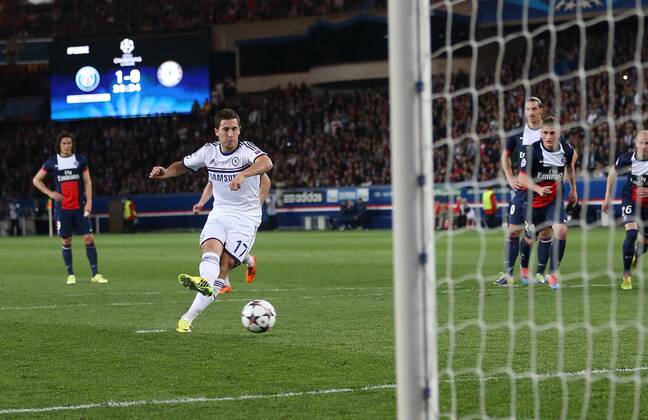 Chelsea s Eden Hazard scoring his sides opening goal Paris Saint Germain PSG vs Chelsea FC London London - Champions League - EDITORIAL USE ONLY. No use with unauthorised audio, video, data, fixture lists, club league logos or live services. Online in-match use limited to 120 images, no video emulation. No use in betting, games or single club league player publications.