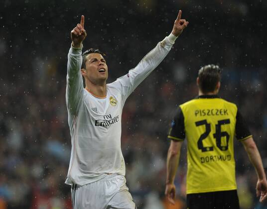 Real Madrid Forward, number 7 RONALDO - Cristiano Ronaldo dos Santos (27), celebrates after scoring a goal (0-0)Borussia Dortmund Defender, number 26 PISZCZEK - Lukasz Piszczek (27) during round cuartos de final of the champions league league, soccer match between Real CF Madrid - BVB Borussia Dortmund at the Santiago Bernabeu estadium, Madrid - 