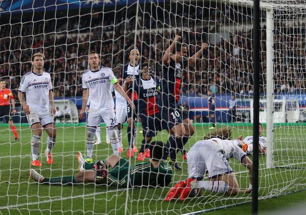 Chelsea s John Terry looks on dejected after David Luiz scores an own goal to put PSG 2-1 up Paris Saint Germain PSG vs Chelsea FC London London - Champions League - EDITORIAL USE ONLY. No use with unauthorised audio, video, data, fixture lists, club league logos or live services. Online in-match use limited to 120 images, no video emulation. No use in betting, games or single club league player publications.