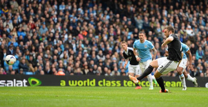Rickie Lambert of Southampton scores the equaliser from the penalty spot - Barclays Premier League - Manchester City v Southampton - Etihad Stadium - Manchester - England - 5th April 2014 - Pic Simon Bellis Sportimage EDITORIAL USE ONLY. No use with unauthorised audio, video, data, fixture lists, club league logos or live services. Online in-match use limited to 120 images, no video emulation. No use in betting, games or single club league player publications.