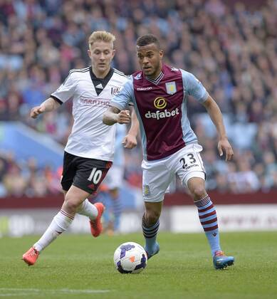 Lewis Holtby of Fulham competes with Ryan Bertrand of Aston Villa (right) - Football - Barclays Premier League - Aston Villa vs Fulham - Villa Park Birmingham - Season 13 14 - 05 04 2014 Pic Malcolm Couzens Sportimage EDITORIAL USE ONLY. No use with unauthorised audio, video, data, fixture lists, club league logos or live services. Online in-match use limited to 120 images, no video emulation. No use in betting, games or single club league player publications.
