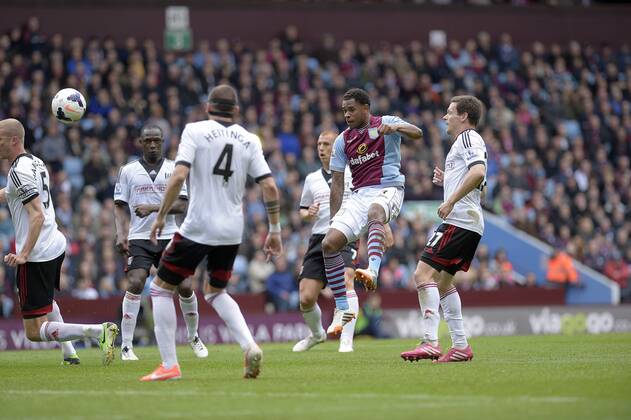 Leandro Bacuna of Aston Villa goes close with a shot on goal - Football - Barclays Premier League - Aston Villa vs Fulham - Villa Park Birmingham - Season 13 14 - 05 04 2014 Pic Malcolm Couzens Sportimage EDITORIAL USE ONLY. No use with unauthorised audio, video, data, fixture lists, club league logos or live services. Online in-match use limited to 120 images, no video emulation. No use in betting, games or single club league player publications.