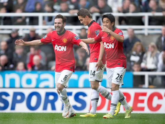 Juan Mata of Manchester United celebrates his second goal - Barclays Premier League - Newcastle United vs. Manchester United - St James Park - Newcastle - England - 5th April 2014 - Picture Philip Oldham Sportimage EDITORIAL USE ONLY. No use with unauthorised audio, video, data, fixture lists, club league logos or live services. Online in-match use limited to 120 images, no video emulation. No use in betting, games or single club league player publications.