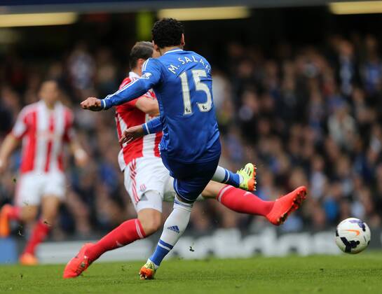 Chelsea s Mohamed Salah scoring his sides opening goal Chelsea vs Stoke City- Premier League - Stamford Bridge- London - England - 05 03 2014 - Pic David Klein Sportimage EDITORIAL USE ONLY. No use with unauthorised audio, video, data, fixture lists, club league logos or live services. Online in-match use limited to 120 images, no video emulation. No use in betting, games or single club league player publications.