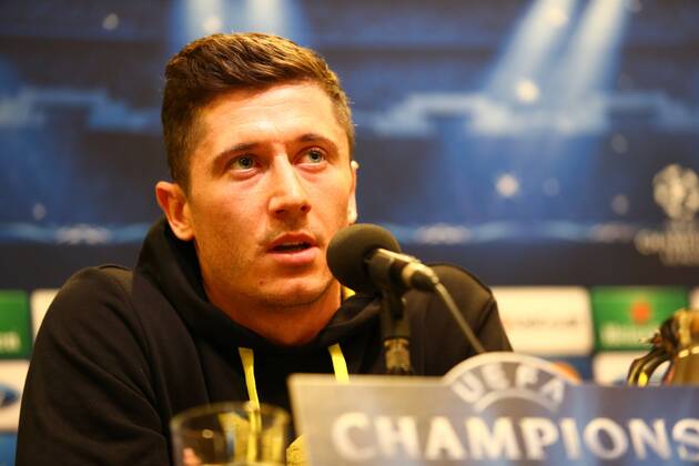 Montag 07.04.2014, Saison 2013 2014, UEFA Champions League, Pressekonferenz im Presseraum des Dortmunder Signal Iduna Parks vor dem Spiel zwischen dem BVB Borussia Dortmund und Real Madrid CF, Viertelfinale Rückspiel, Robert Lewandowski (BVB)