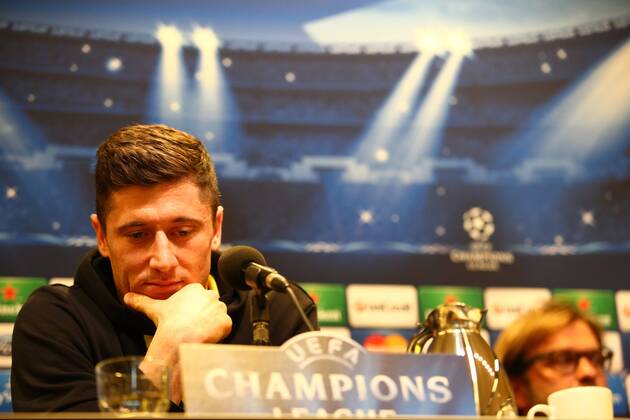 Montag 07.04.2014, Saison 2013 2014, UEFA Champions League, Pressekonferenz im Presseraum des Dortmunder Signal Iduna Parks vor dem Spiel zwischen dem BVB Borussia Dortmund und Real Madrid CF, Viertelfinale Rückspiel, Robert Lewandowski (BVB)