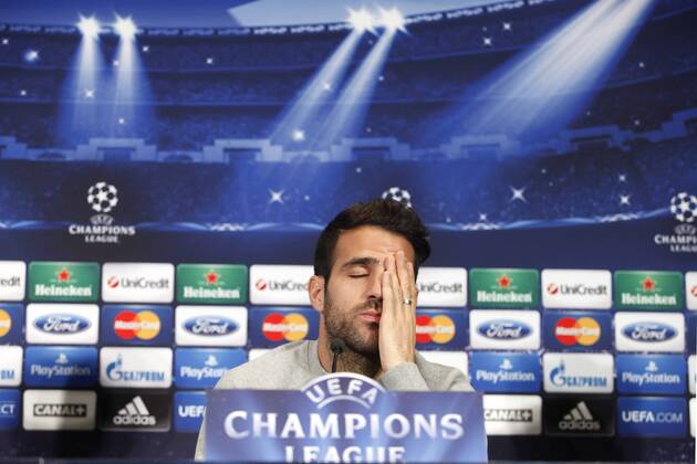 FC Barcelona s player Cesc Fabregas during a press conference at the Vicente Calderon stadium in Madrid, Spain. Atletico de Madrid will face FC Barcelona in the second leg quarterfinal Champions League soccer match. April 8, 2014.  (20347938)