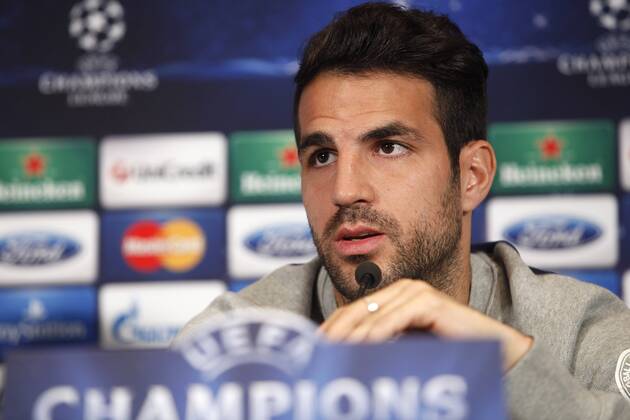 FC Barcelona s player Cesc Fabregas during a press conference at the Vicente Calderon stadium in Madrid, Spain. Atletico de Madrid will face FC Barcelona in the second leg quarterfinal Champions League soccer match. April 8, 2014.  (20347990)