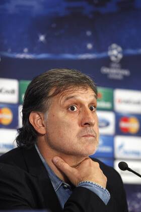 FC Barcelona s coach Gerardo Tata Martino during a press conference at the Vicente Calderon stadium in Madrid, Spain. Atletico de Madrid will face FC Barcelona in the second leg quarterfinal Champions League soccer match. April 8, 2014.  (20348003)